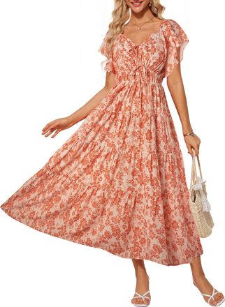 Grace Karin Women Elegant Floral Maxi Dresses Ruffle Sleeve V Neck Summer Dress Casual Beach Dress Beige Orange Flowers S
