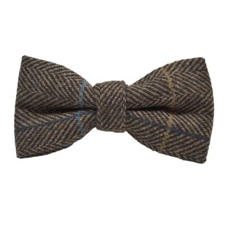 King & Priory Boys Walnut Brown Herringbone Check Pre-Tied Bow Tie, Tweed