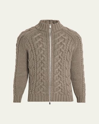 Brunello Cucinelli Mens Lofted Cashmere Cable Knit Full-Zip Cardigan