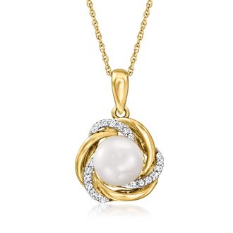 Ross-Simons 7mm Cultured Pearl Love Knot Pendant Necklace With Diamonds in 14kt Yellow Gold