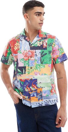 Polo Ralph Lauren Camicia Oxford classica a maniche corte multicolore con motivo patchwork stampato ispirato alla spiaggia e rever