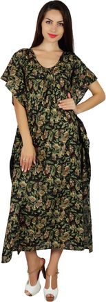 Bimba Women Long Printed Maxi Kaftan Cotton Night Wear Caftan Gown Coverup Dark Green