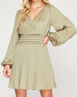 She + Sky Long Sleeve Satin Dress In Olive