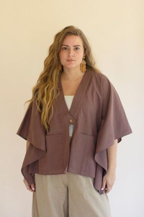 Kalalou Winged-Sleeve Kimono W Front Pockets And Button - Mulberry