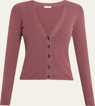 Brunello Cucinelli Metallic Cashmere Rib Knit V-Neck Cardigan