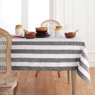 Solino Home Linen Tablecloth for Dining Table, Holiday and Everyday Dining Table Decor - Cabana Stripe in Black And White at Nordstrom, Size X-Small