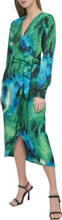DKNY Long Sleeve Faux Wrap Midi Dress in Black/Green at Nordstrom Rack, Size 14