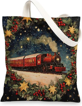 Generic Merry Christmas Steam Train Canvas Tote Bag for Shopping 13x15, Fun Xmas Wreath Reusable Grocery Print Pattern Bag for Women Men, Holiday New Year Aes