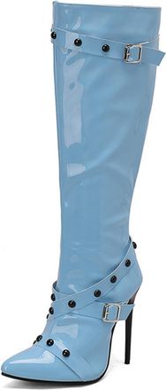 Generic Womens Patent Leather Knee High Boots with Rivet Pointed Toe Long Boots with Side Zipper Stiletto High Heel Party Prom Shoes,Blue,4.5 UK