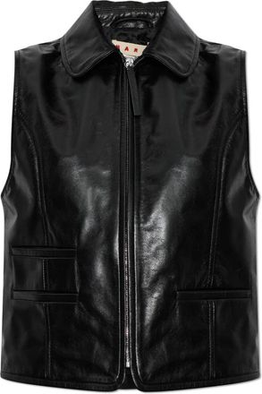 Marni Leren Gilet met Zakken - Dames - Bodywarmers - Zwart - S - Leer - Jassen