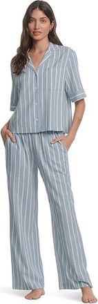 Eberjey Nautico Relaxed Short Sleeve Pants Pajama Set Womens Pajama Sets Classic Stripe Slate Blue/Ivory : LG, Cotton/Viscose