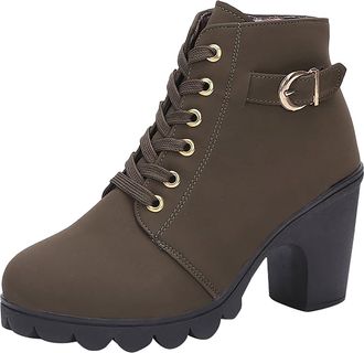 Generic Womens Ankle Boots Block Heel Lace-Up Zipper PU Leather Elegant Stylish Ladies Booties High Heels Casual Shoes Lightweight Cozy Autumn Winter size 5.5