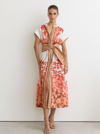 Reiss Pink & Cotton Floral Belted Midi Dress With Stretch, 12