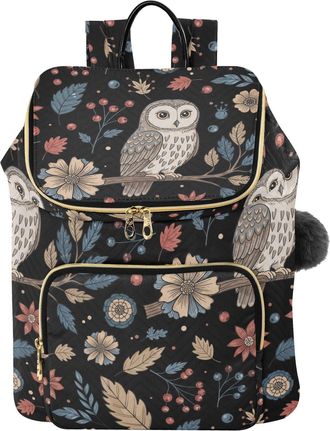Generic Fall Owl Flowers Black Women Backpack Large Capacity Quilted Travel Shoulder Bag with Leather Handle & Key Ring Laptop Backpack for Work Business Shop