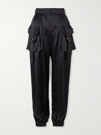 Chloé Pantaloni A Gamba Affusolata In Raso Di Seta Con Pieghe E Decorazioni - Nero