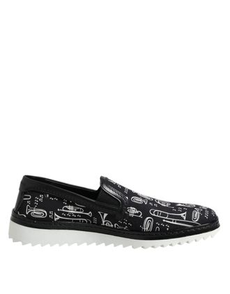 Dolce & Gabbana Mens Print Canvas Slipon Loafers - Black Cotton - Size 42.5 EU/IT