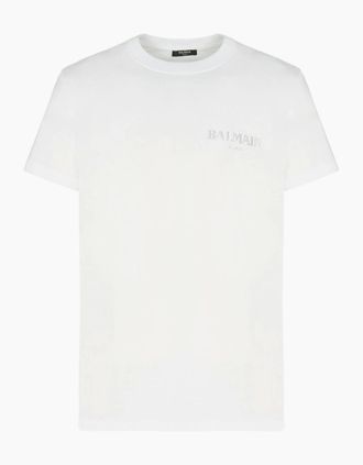 Balmain Mens Balmain Vintage Silver Gel Logo T-Shirt in White - Size: 44
