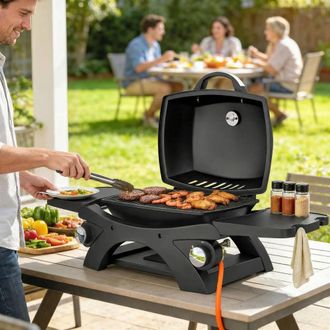 OUTSUNNY 2 Burner Gas Grill, Tabletop BBQ with Cast Iron Grates, Black