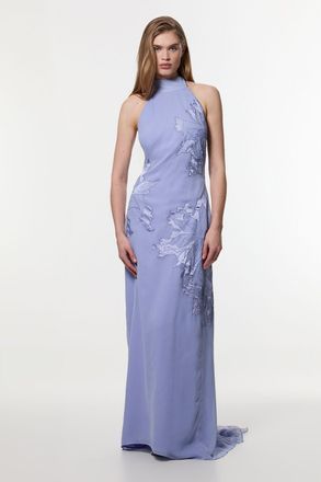 Karen Millen Womens Applique And Lace Georgette Woven Halter Maxi Dress - Blue - Size 12 UK