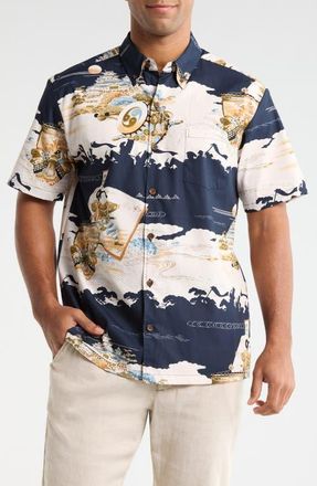 Kahala Hajime Print Short Sleeve Cotton Button-Down Shirt in Navy at Nordstrom, Size X-Large