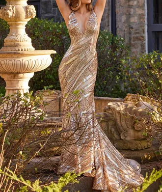 Jovani Sequin Mermaid Prom Dress In Nude/silver/gold
