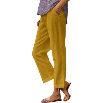 Generic Womens Cotton and Linen Trousers with Loose Patchwork Pocket 3/4 Trousers Womens 48 Running Trousers, gold, L