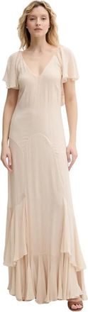 Twinset Lange Georgette Jurk met Ruches - Dames - Maxi kleedjes - Beige - XL - Leer - Kleedjes
