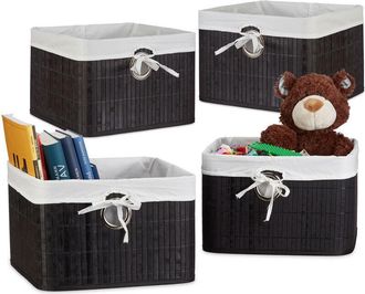 Relaxdays Relaxdays - Set of 4 Storage Basket, Fabric Lining, Bamboo, Rectangular, Bathroom, Accessories, HxWxD: 20x31x31 cm Black