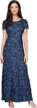 Alex Evenings Womens Long Rosette Mother of The Bride Dress with Short Sleeves, Wedding Guest (Petite and Regular Sizes) Special Occasion, Navy, 16