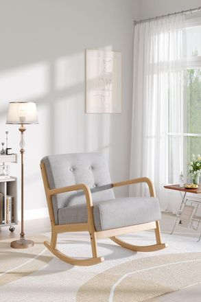 H&O Direct Modern Linen Upholstered Rocking Chair with Button Tufting in Beige
