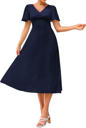 Grace Karin Women Short Sleeve V Neck Holiday Tie Back Ruffle A Line Dress Square Back with Tie Party Wedding Dress Navy Blue L