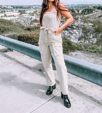 Blue Blush Strapless Cargo Jumpsuit In Washed Olive