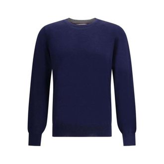 Brunello Cucinelli Brunello Cucinelli, Round-neck Knitwear, male, Blue, Size: 3XL Ribbed Crew Neck Wool Cashmere Sweater