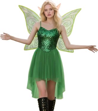 Generic Halloween Clothing WomenS Sequins Elf Dress With Butterfly Fairy Wings Forest Fairy Princess Dress Mini Cosplay Costume Sequin Outfits Party Green