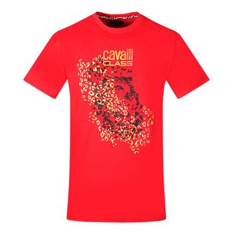 Cavalli Mens Leopard Print Silhouette Red T-Shirt Cotton - Size X-Large