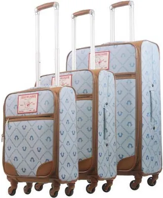 True Religion Soft Sided 3 pc spinner Luggage Set wiith Ionic logo monogram and Buddha patch in Denim at Nordstrom