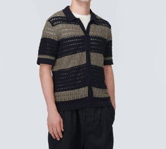 Orlebar Brown Fabien Crochet Cotton And Linen Shirt In Midnight Navy/grey