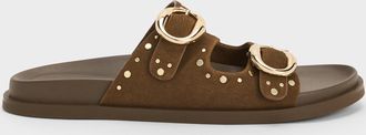 Charles & Keith Studded Buckled Double-Strap Slides