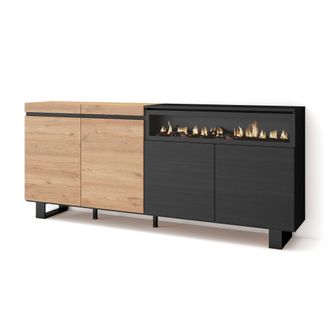 Skraut Home Aparadores Para Sal&oacute;n, Gran Capacidad De Almacenaje, 200x87x35cm, 4 Puertas, Chimenea El&eacute;ctrica, Dise&ntilde;o Industrial, Estilo Moderno, Roble Y Negro - Sk