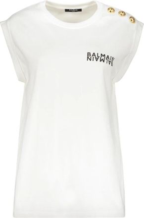Balmain Button Shoulder Logo T-Shirt - Dames - Tops zonder mouwen - Wit - L - Katoen - Tops