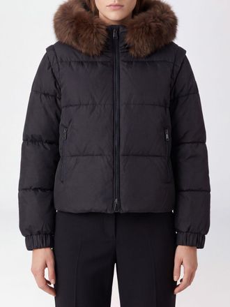 Pinko Piumino Godetia in nylon con cappuccio, collo in pelliccia e maniche amovibili