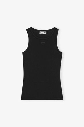 Ganni Black Soft Cotton Rib Tank Top - Size XXS Organic