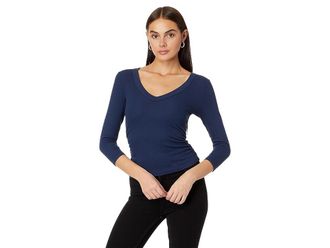 Michael Stars Enid 3/4 Sleeve V-Neck Crop T-Shirts Womens Clothing Nocturnal : SM (US 4-6), Cotton/Modal/Spandex