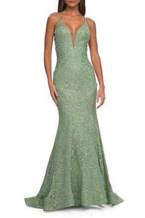 La Femme Mermaid Beaded Lace Prom Dress with Illusion Sides in Sage at Nordstrom, Size 2