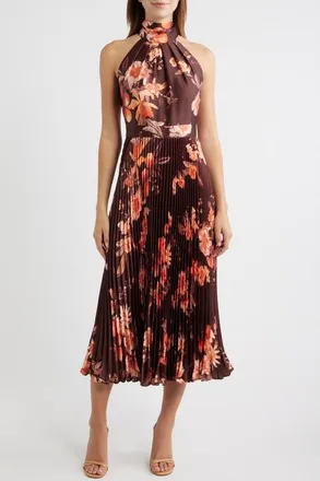 Eliza J Floral Print Sleeveless Print Midi Dress in Chocolate at Nordstrom, Size 12
