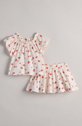 Nordstrom Print Cotton Flutter Sleeve Top & Skort Set in Ivory Egret Strawberry Bows at Nordstrom, Size 18M