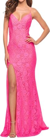 La Femme Long Lace Dress In Neon Pink