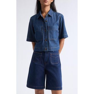 Veronica Beard Spruce Cotton & Silk Blend Denim Button-Up Top in Starry Night at Nordstrom, Size 12