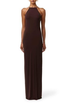 Naked Wardrobe Floral Chiffon Tassel Halter Neck Maxi Dress in Dark Chocolate at Nordstrom, Size X-Large