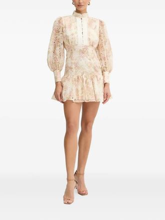 Bardot Mini-jurk met ruches en geborduurd ringlets - Beige